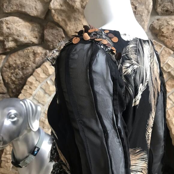 Diane von Furstenberg Silk Feather Long Sleeve Black Shirt Women's Size Medium - Picture 4 of 8